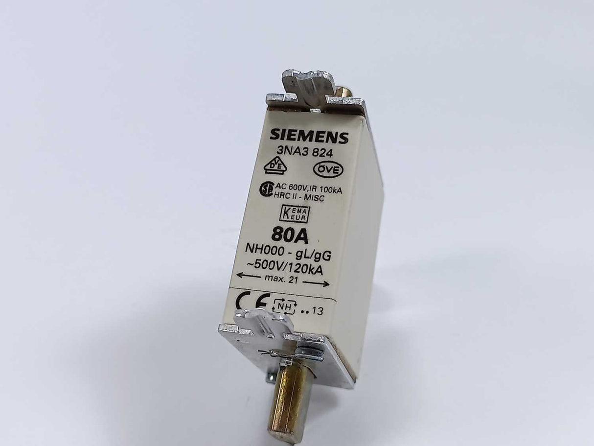 Siemens 3NA3824 Fuse 80A 500V NH00 gG 120kA 3 Pcs