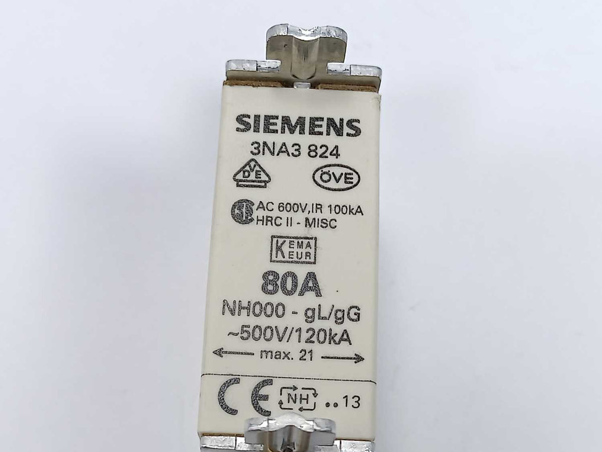 Siemens 3NA3824 Fuse 80A 500V NH00 gG 120kA 3 Pcs