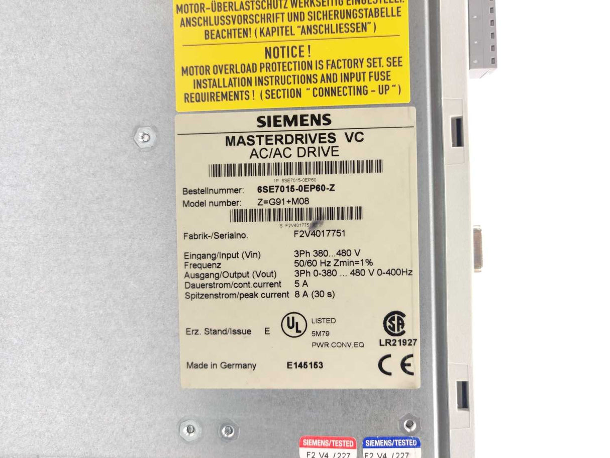 Siemens 6SE7015-0EP60 MASTERDRIVES VC, 6SE7015-0EP60-Z (Z=G91+M08)