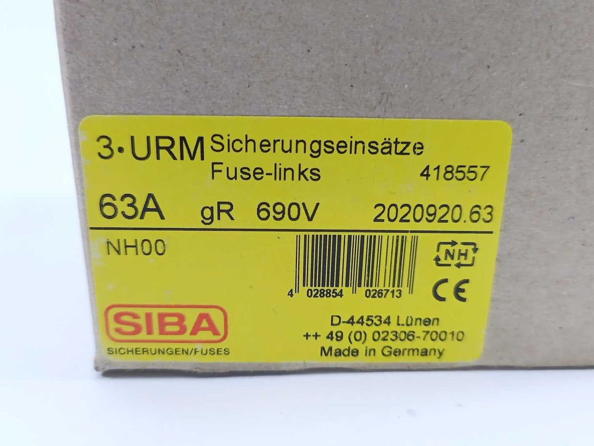 SIBA VDE 0636/4 NH Fuse 00 63A 2020920.63 690VAC
