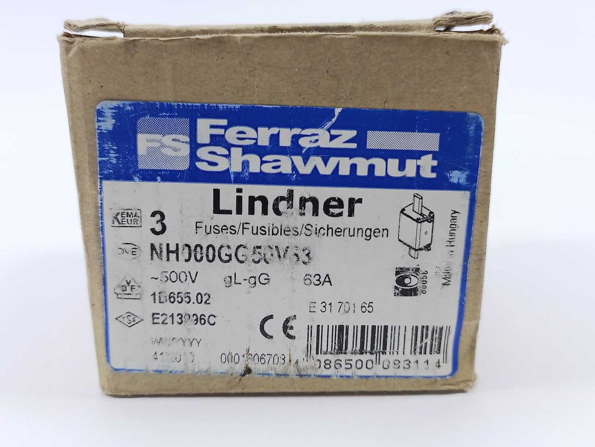FERRAZ SHAWMUT NH000GG50V63 63A 500V Fuse 3 Pcs.