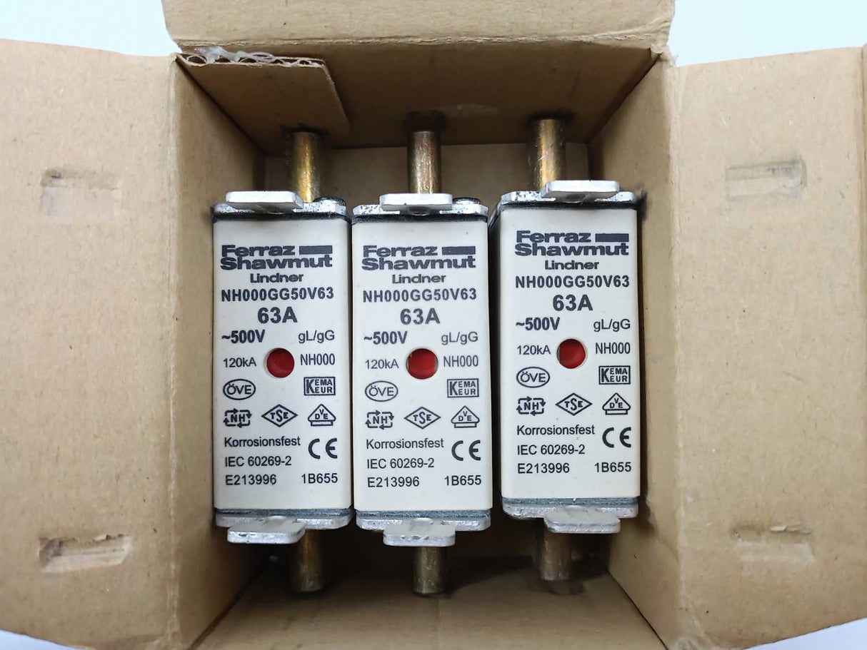 FERRAZ SHAWMUT NH000GG50V63 63A 500V Fuse 3 Pcs.