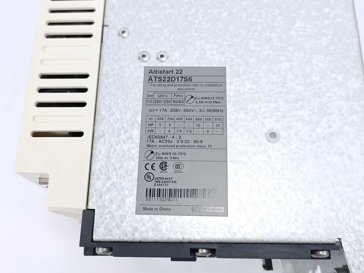Schneider Electric ATS22D17S6 Soft Starter 208V-600V ~-50/60Hz-17A