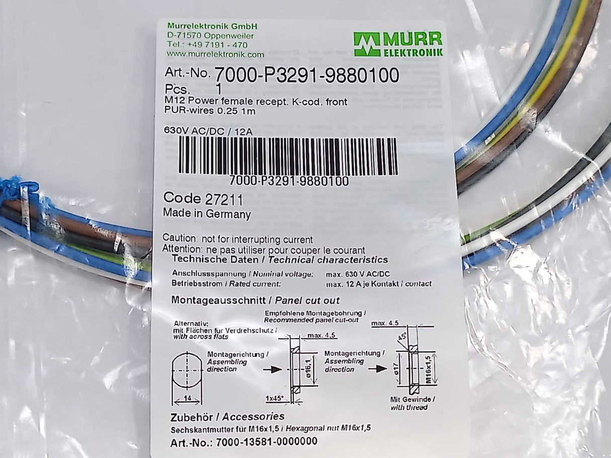 MURR Elektronik 7000-P3291-9880100 M12 Power female recept. K-cod. front