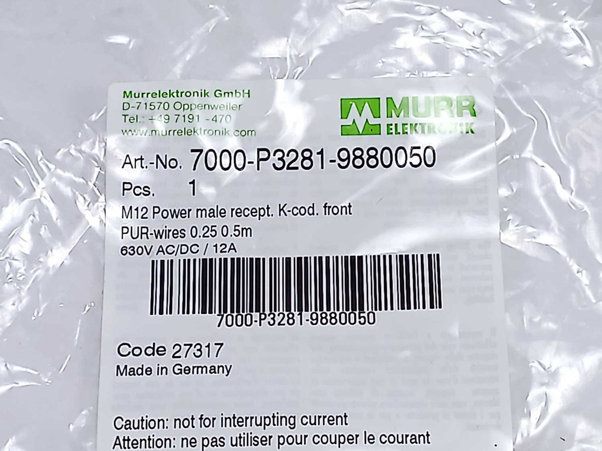 MURR Elektronik 7000-P3281-9880050 M12 Power male recept. K-cod. front