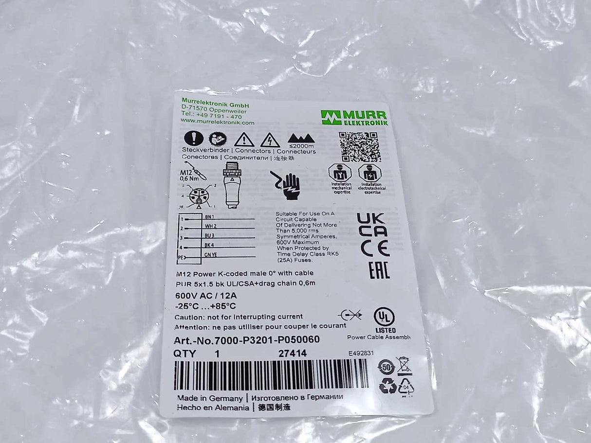 MURR Elektronik 7000-P3201-P050060 M12 Power male 0° K-cod. with cable