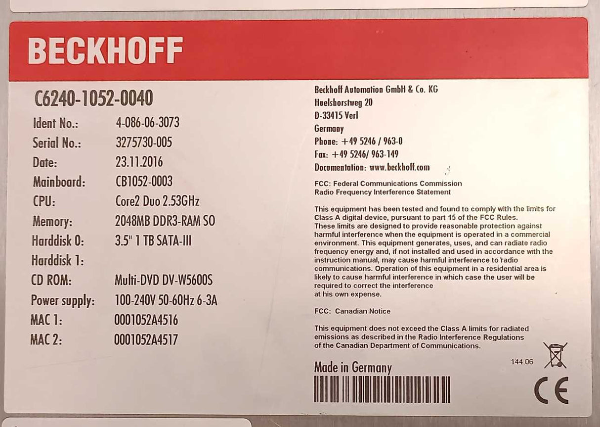 Beckhoff C6240-1052-0040 4-086-06-3073 Industrial Computer CB1052-0003