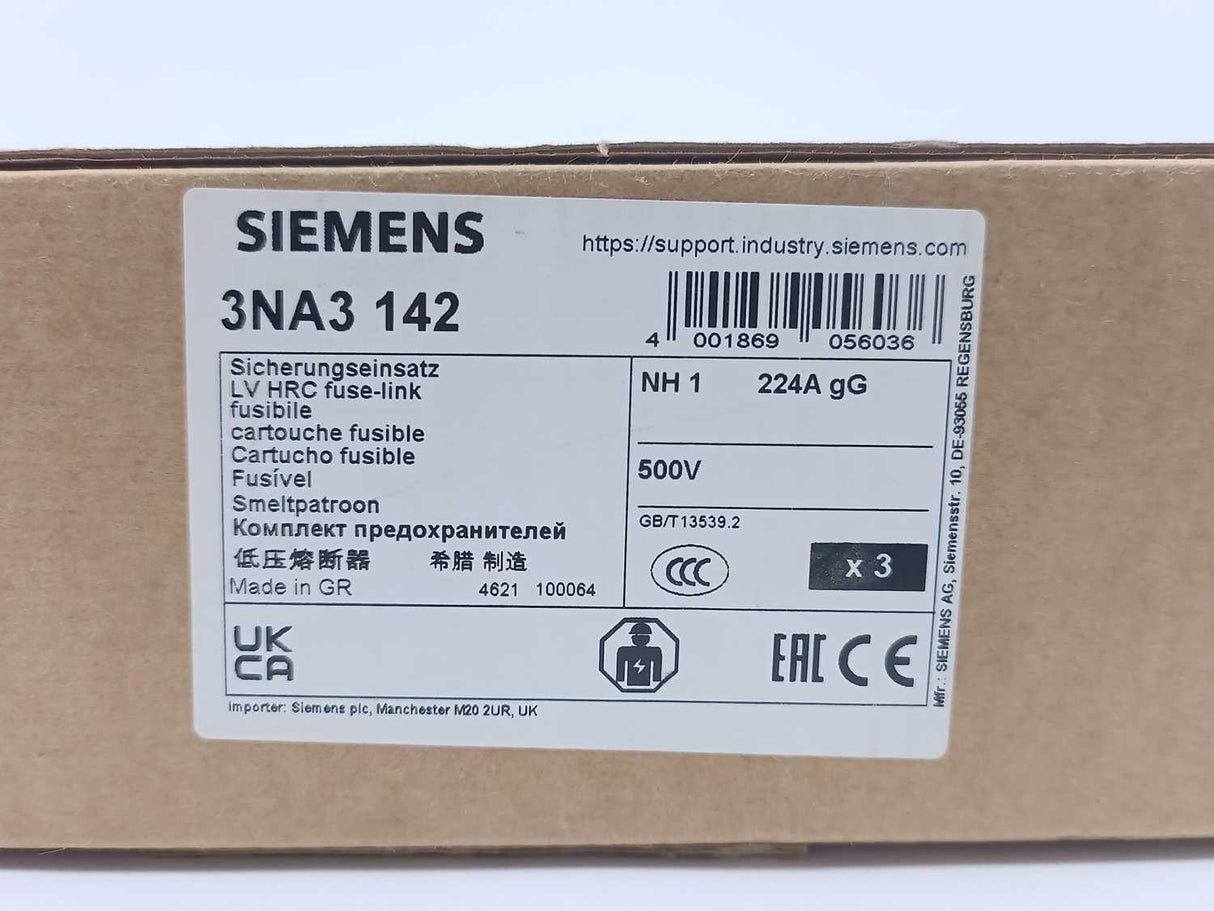 Siemens 3NA3142 224A LV HRC fuse element 3pcs