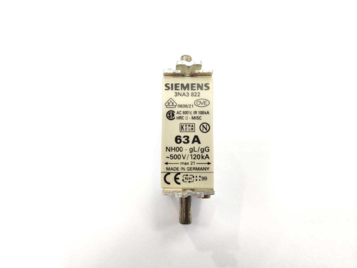 Siemens 3NA3822 LV HRC fuse NH000 63A 3 Pcs.