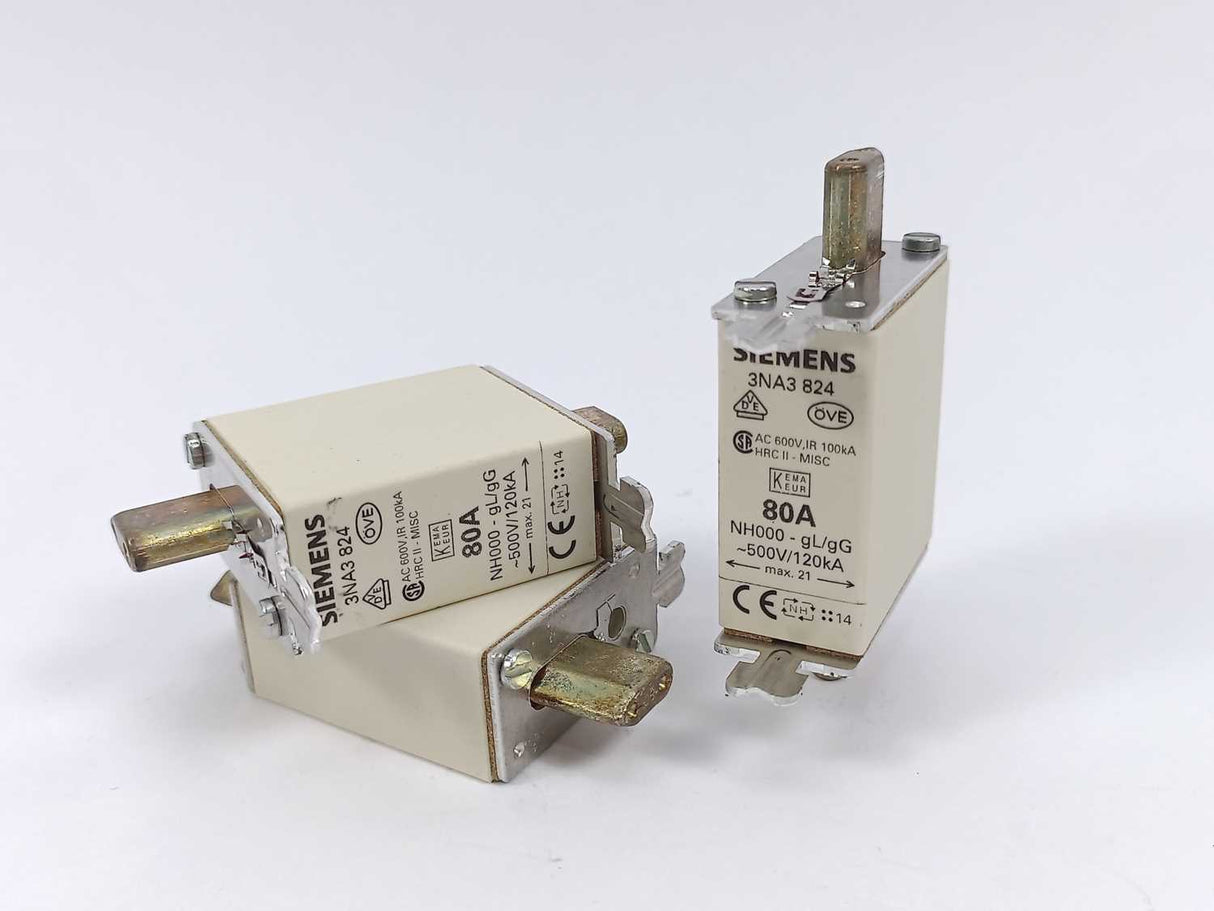 Siemens 3NA3 824 Fuse 80A 500V NH00 gG 120kA 3 Pcs