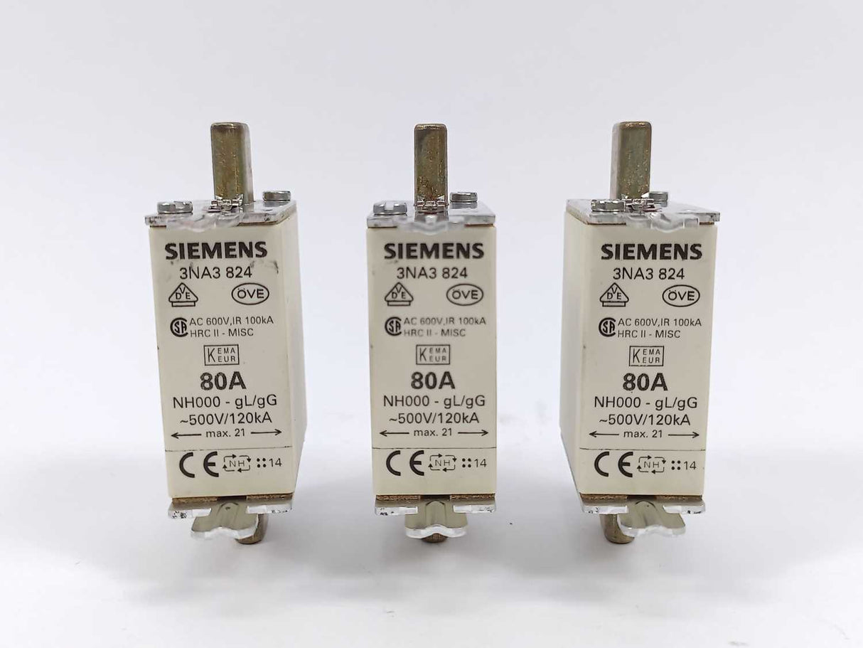 Siemens 3NA3 824 Fuse 80A 500V NH00 gG 120kA 3 Pcs