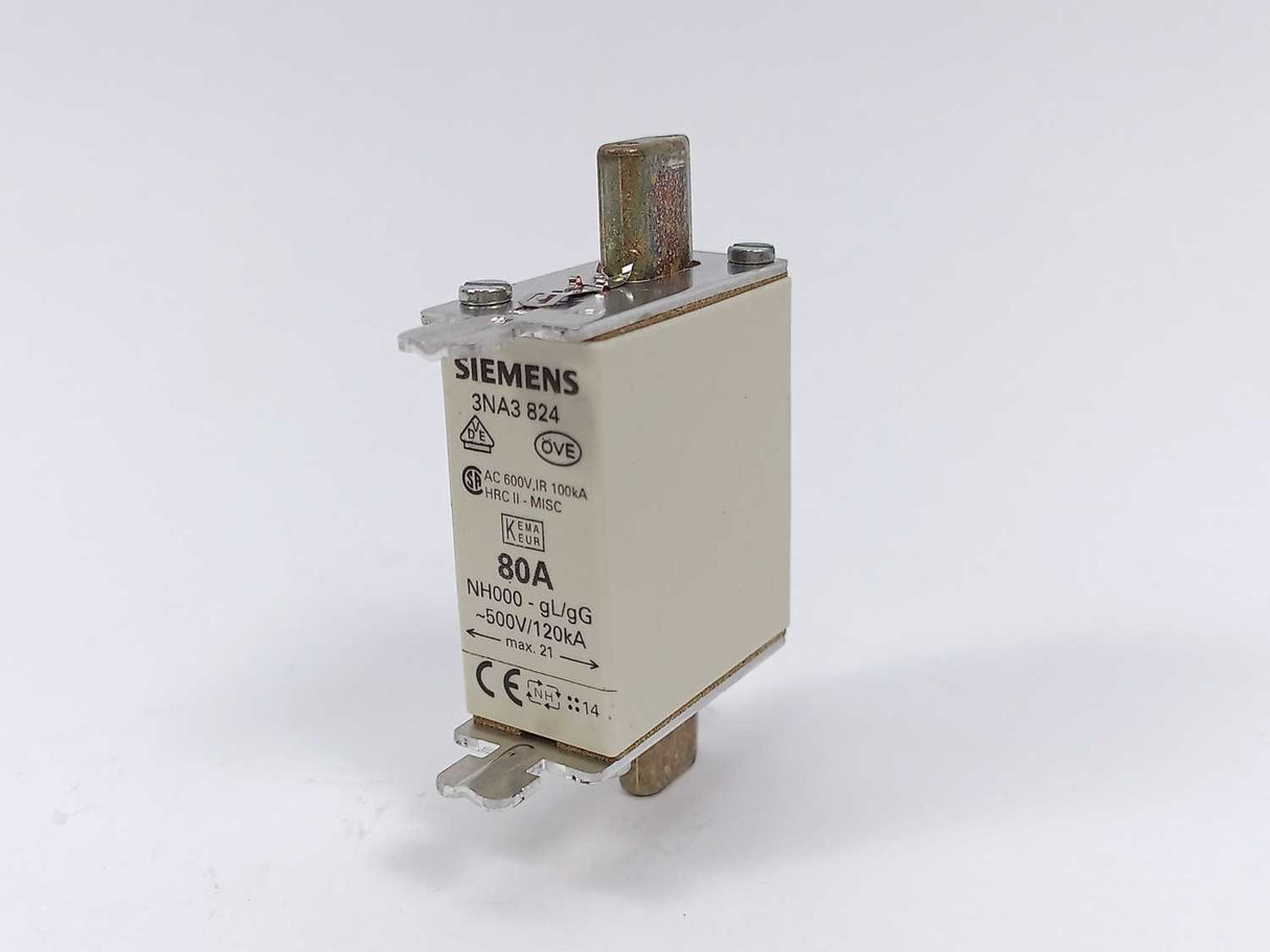 Siemens 3NA3 824 Fuse 80A 500V NH00 gG 120kA 3 Pcs