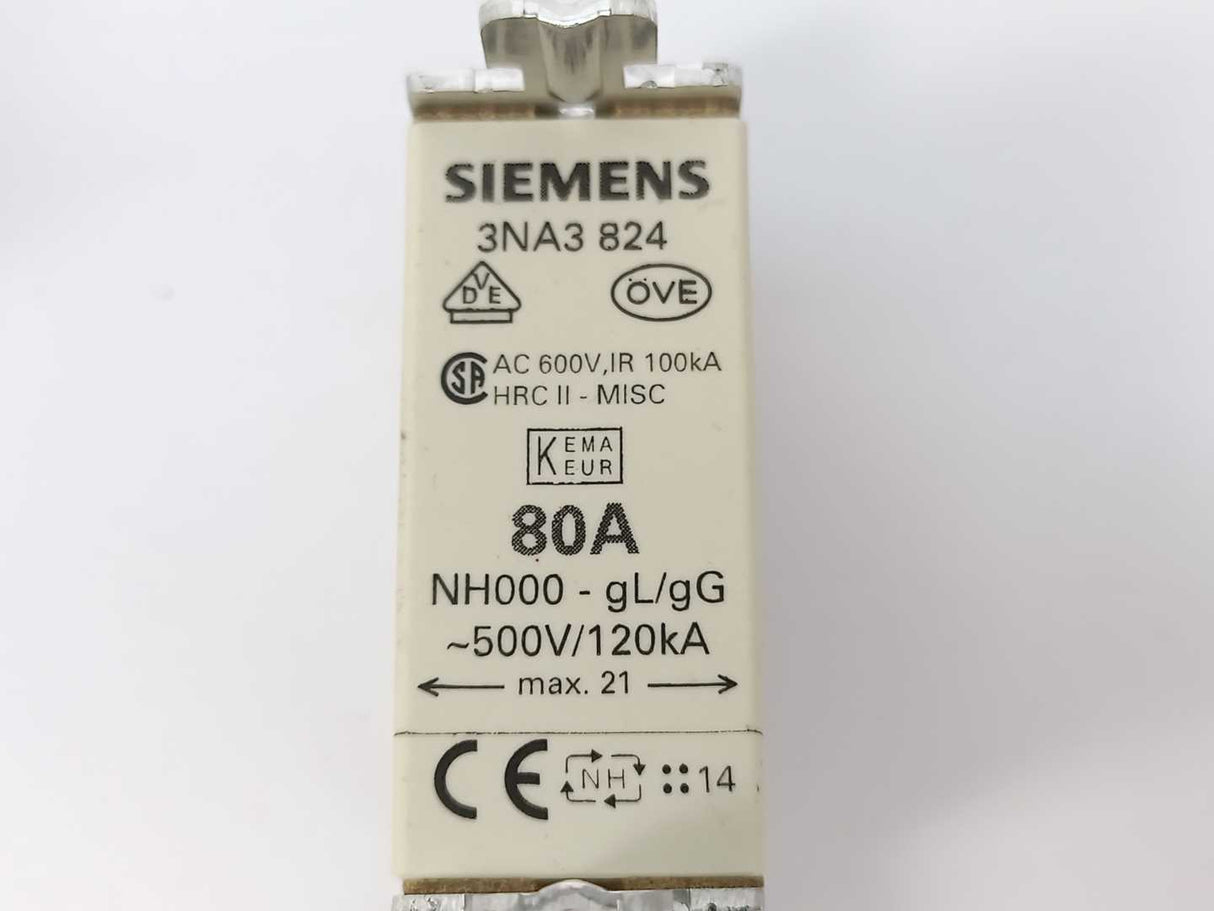 Siemens 3NA3 824 Fuse 80A 500V NH00 gG 120kA 3 Pcs