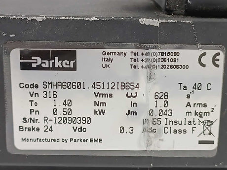 Parker SMHA60601.45112IB654 Low Inertia Servo Motor 0,50kW