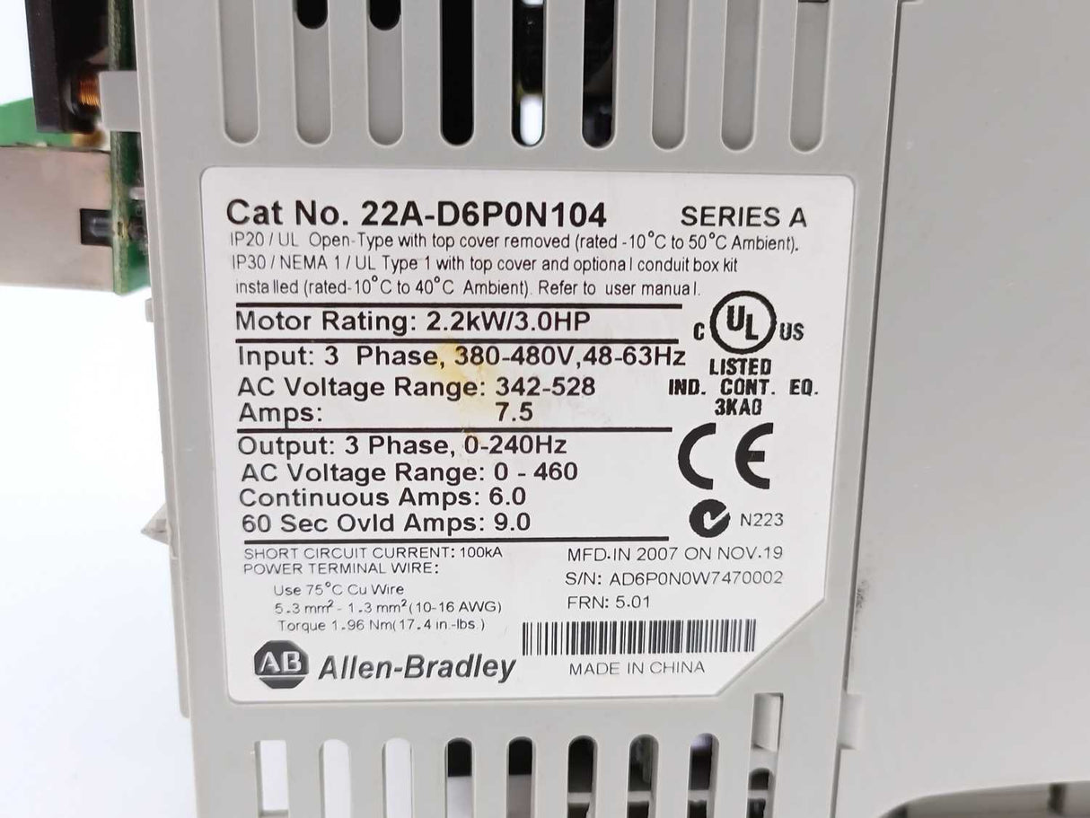 AB 33A-D6P0N104 Ser. A PowerFlex 40- 2.2 kW (3 HP) AC Drive