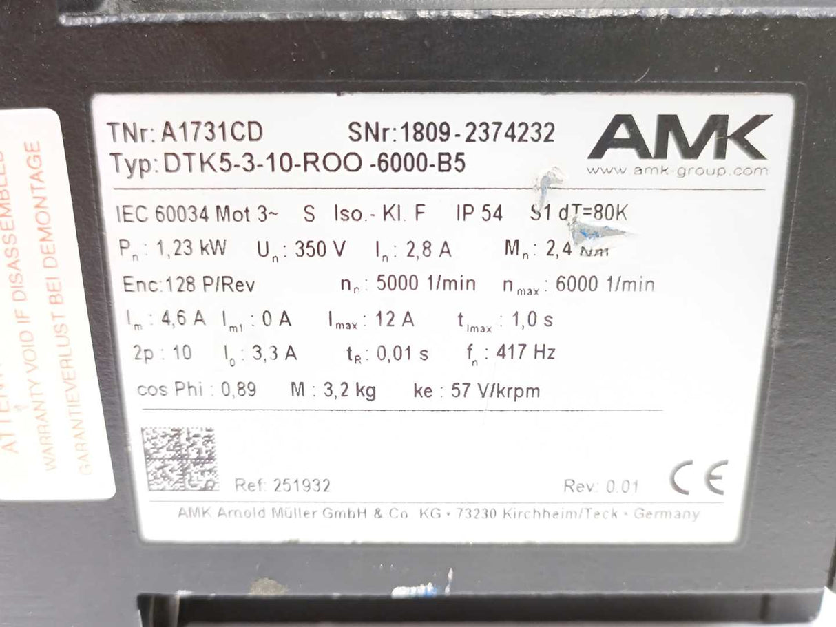 AMK DTK5-3-10-R00-6000-B5 A1731CD, Servo motors DTK5-3-10-ROO-6000-B5