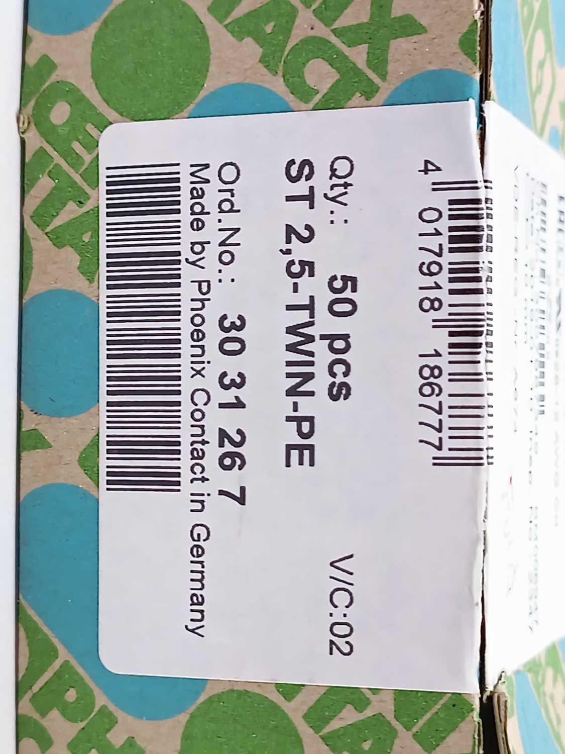 Phoenix Contact 3031267 ST 2,5-TWIN-PE Terminal Block. 50 pcs.