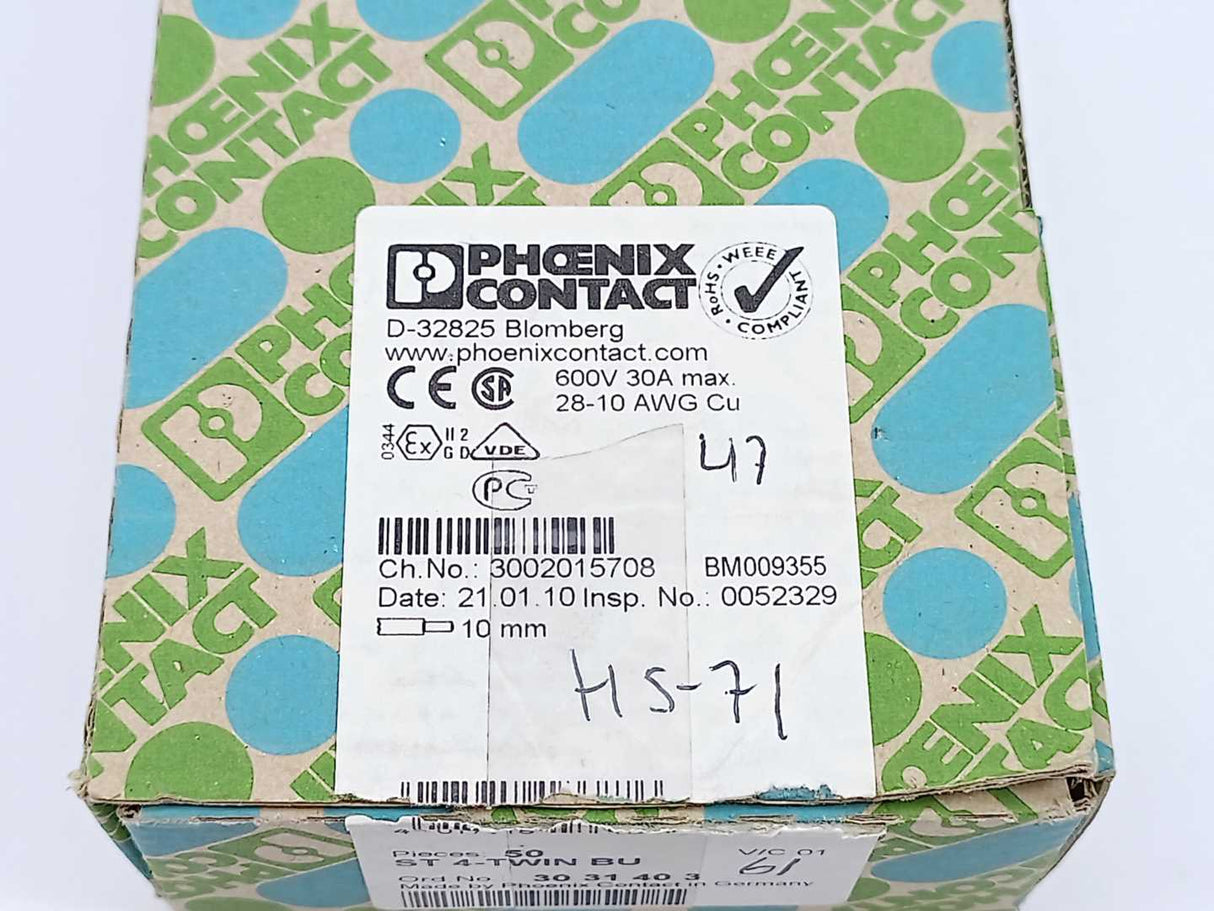 Phoenix Contact 3031403 ST 4-TWIN BU - Feed-Through Terminal Block 50 pcs.