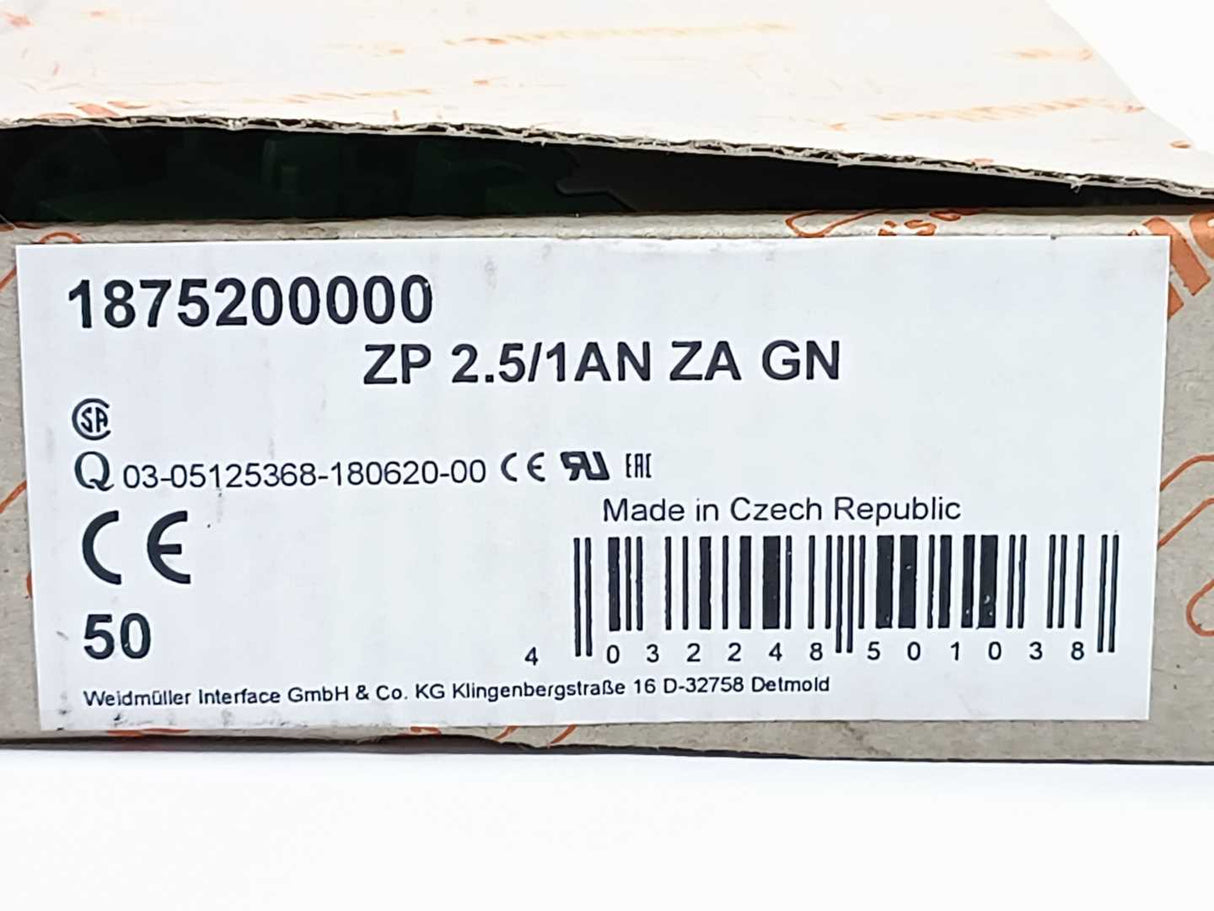 Weidmüller 1875200000 ZP 2.5/1AN ZA GN Terminal Block Accessory. 50 pcs.