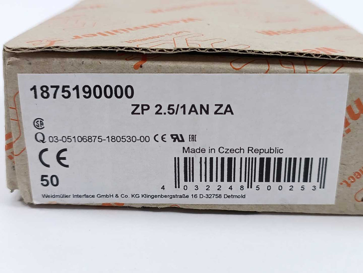 Weidmüller 1875190000 ZP 2.5/1AN ZA Terminal Block Accessory. 50 pcs.