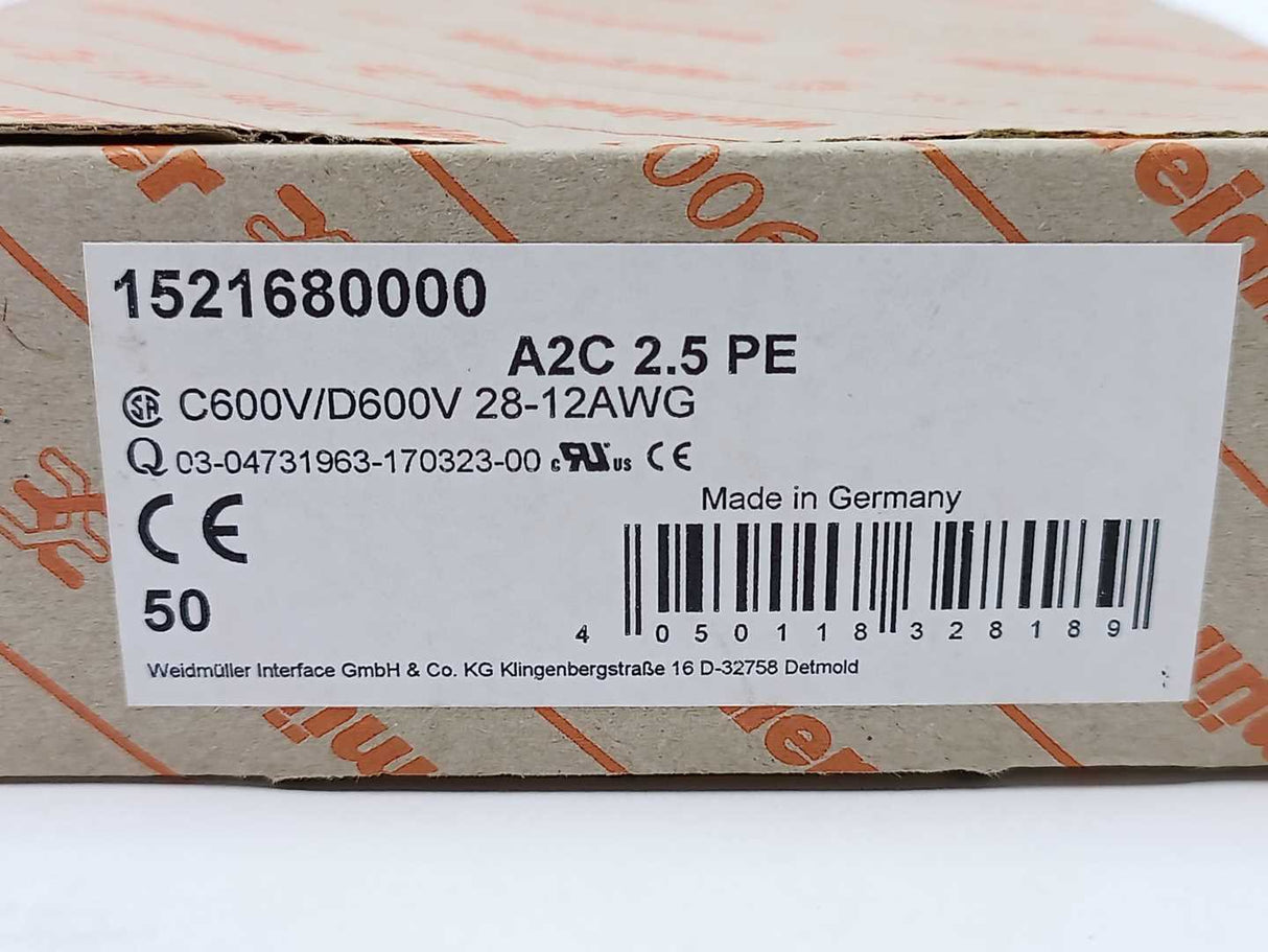 Weidmüller 1521680000 A2C 2.5 PE Terminal Blocks 50 Pcs.