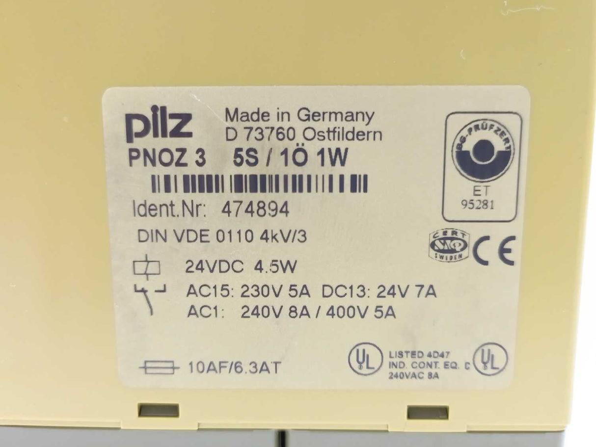 Pilz PNOZ 3 5S/1Ö 1W Safety Relay 474894
