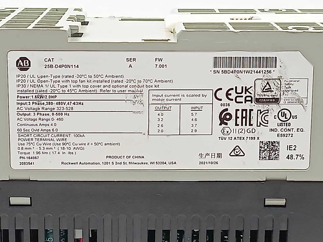 AB 25B-D4P0N114 PowerFlex 525 AC Drive 1.5kW, Ser. A