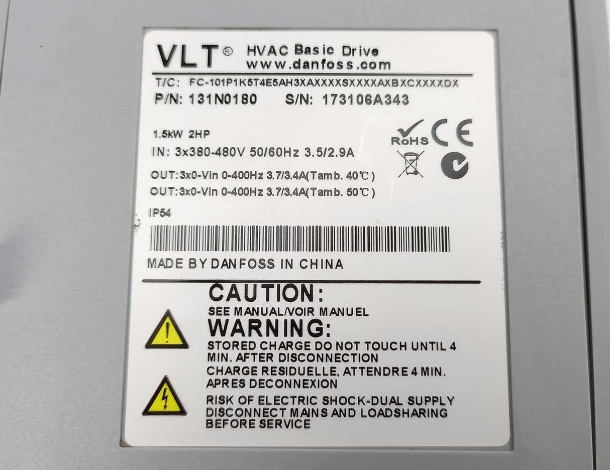 Danfoss 131N0180 VLT HVAC Basic Drive 1,5kW FC-101P1K5T4E5AH3XA