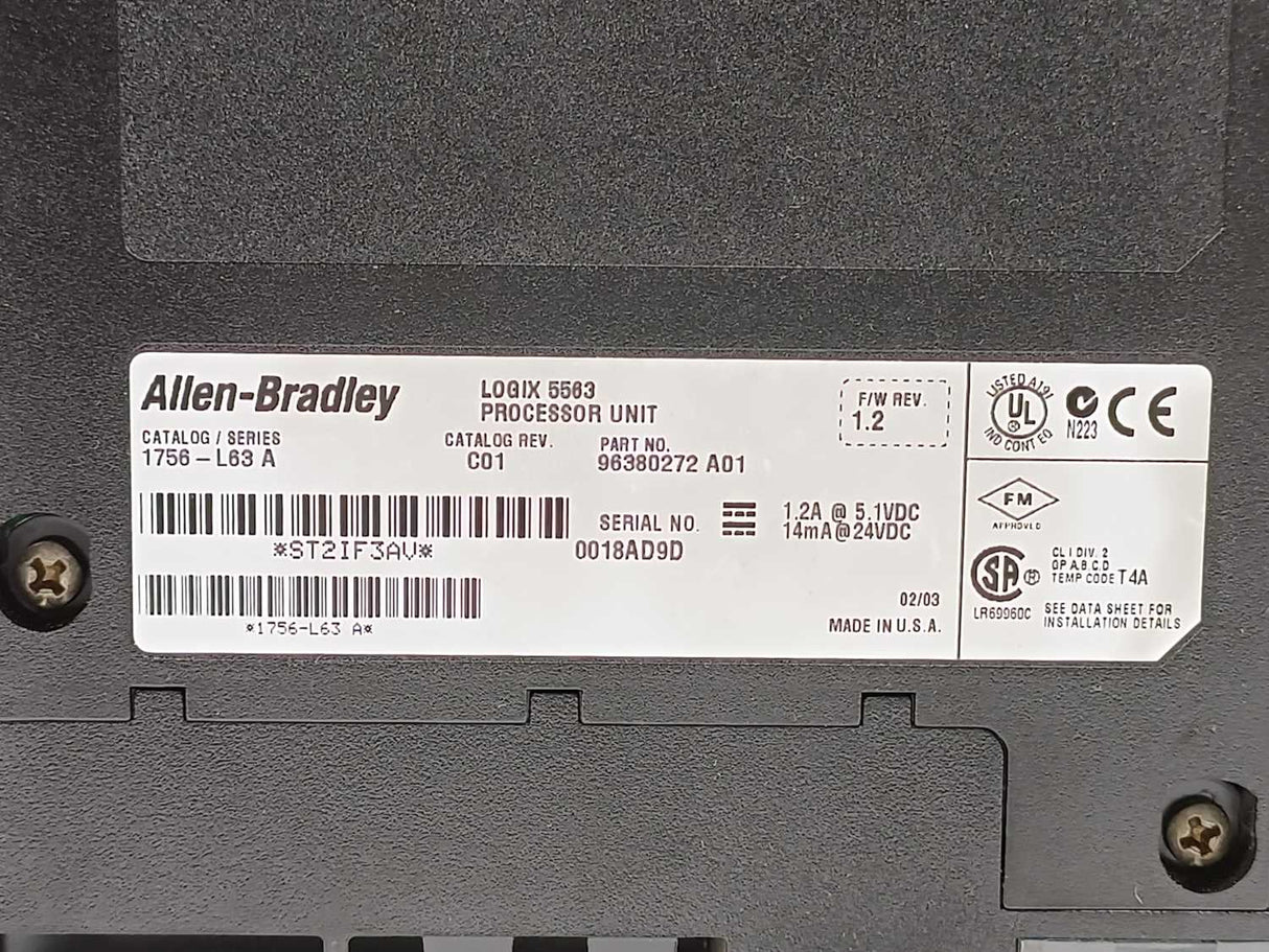 AB 1756-L63 Ser. A Rev: C01 processor unit