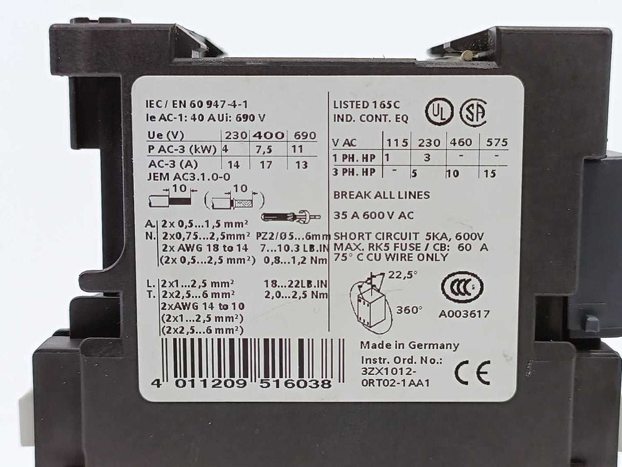 Siemens 3RT1025-1BB44-3MA0 Power Contactor 17A, 7,5kW/400V