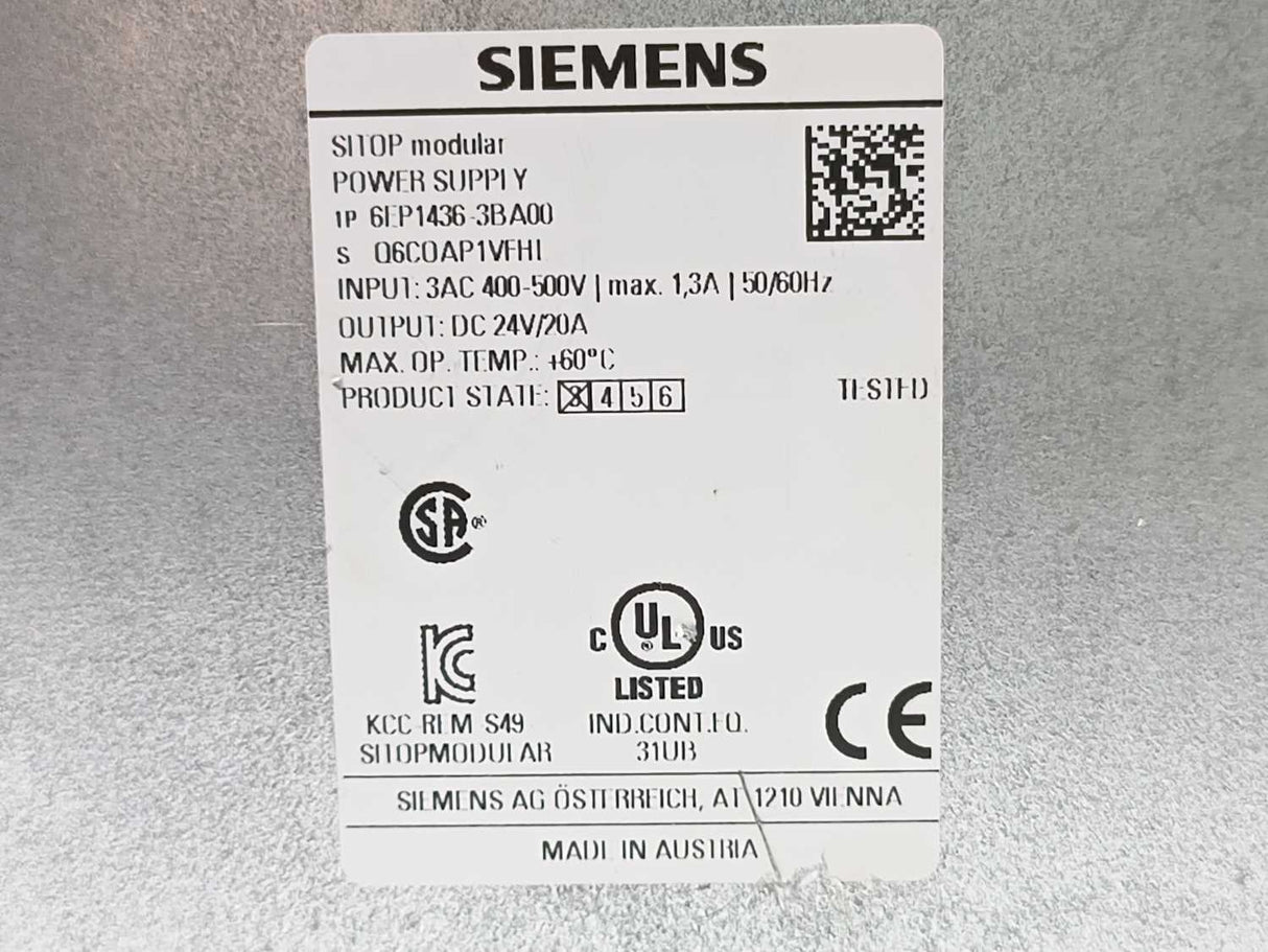 Siemens 6EP1436-3BA00 SITOP Modular 20A Stabilized 24VDC Power Supply