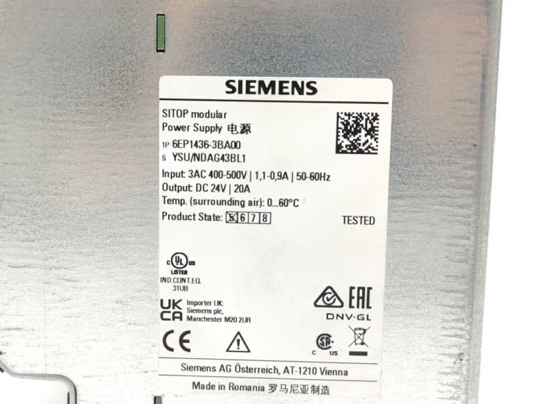 Siemens 6EP1436-3BA00 24VDC 20A stabilized power supply