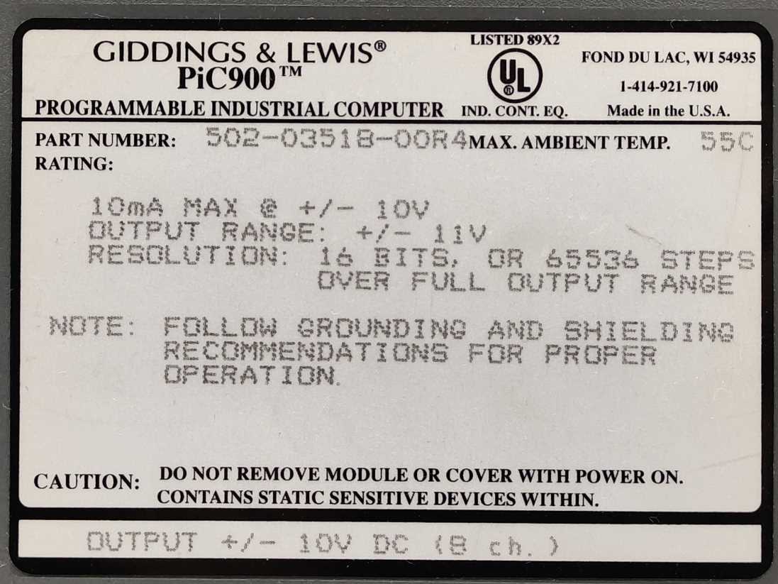GIDDINGS & LEWIS 502-03518 -00R4 PiC900- Output ±10V DC Module, 8 ch