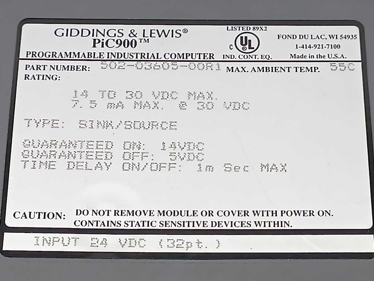 GIDDINGS & LEWIS 502-03605-00R1 PiC900 Programmable Industrial Computer