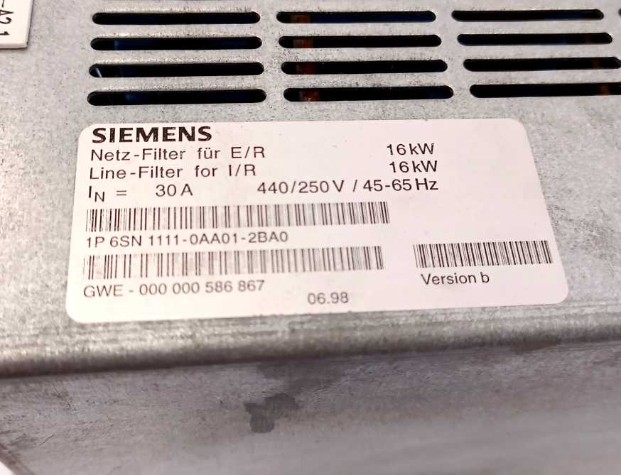 Siemens 6SN1111-0AA01-2BA0 SIMODRIVE 611 MAINS FILTER FOR STABIL.