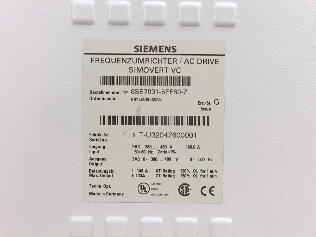 Siemens 6SE70315EF60Z G91+M08+M20+ , AC DRIVE SIMOVERT VC