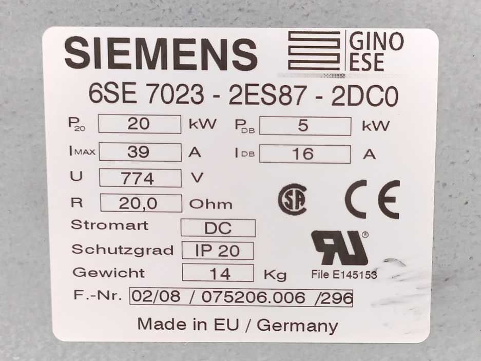 Siemens 6SE7023-2ES87-2DC0 SIMOVERT MASTERDRIVES BRAKING RESISTOR 510-620V DC