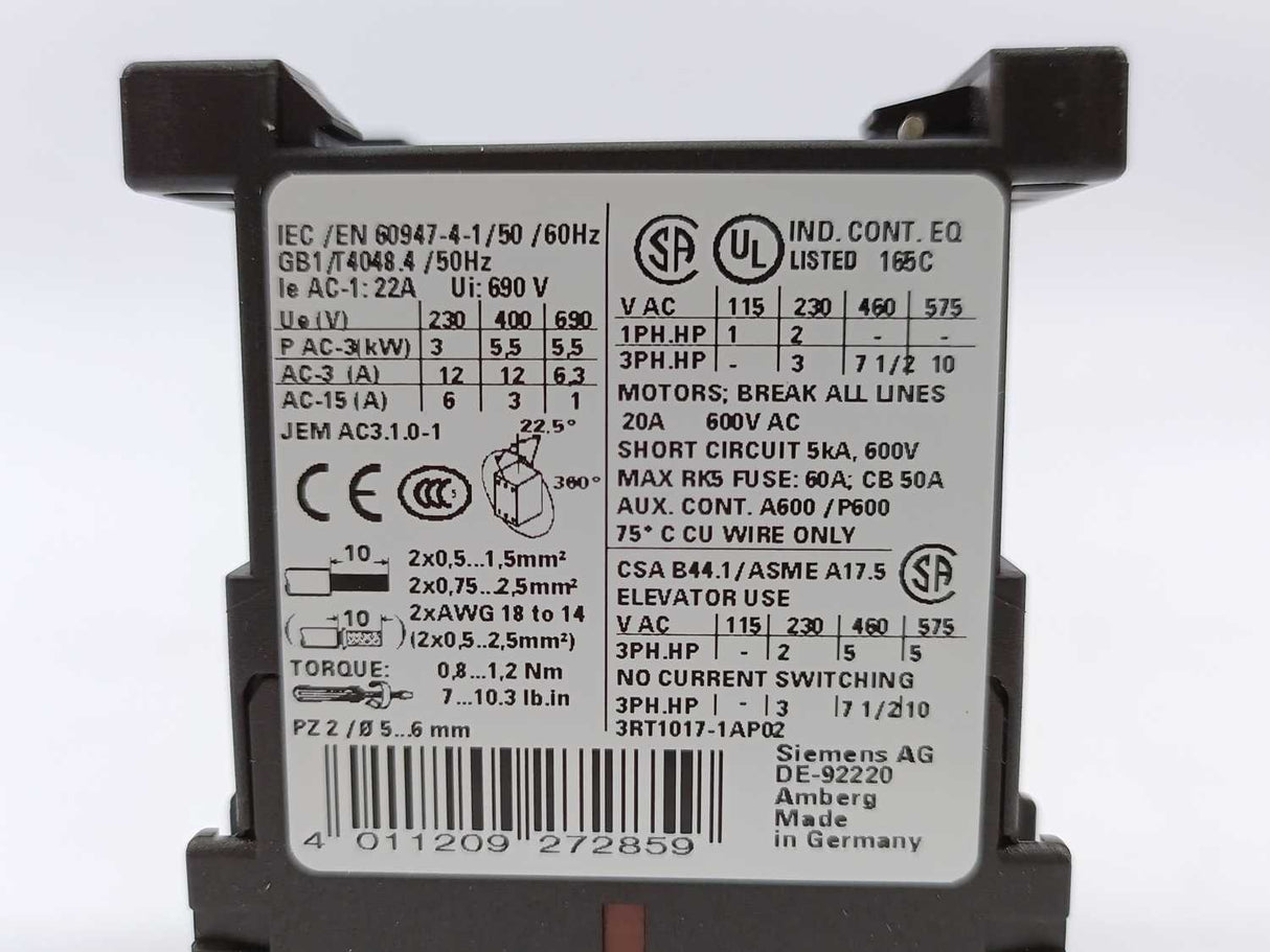 Siemens 3RT1017-1AP02 Power contactor 230V 50/60Hz