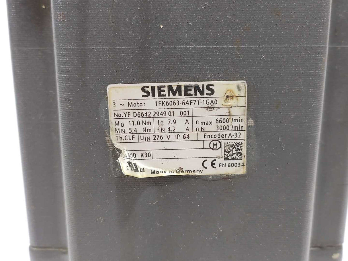 Siemens 1FK6063-6AF71-1GA0 Synchronous Servo Motor 11 Nm, 3000 r/min