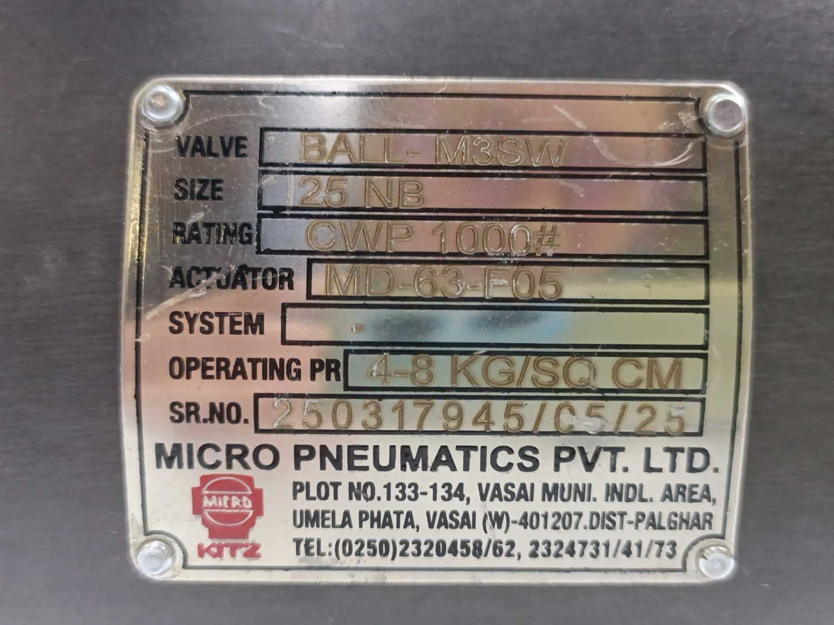 Micro Pneumatics BALL-M3SW-25NB, BALL-M3SW, MD-63-F05 Control Valve assembly