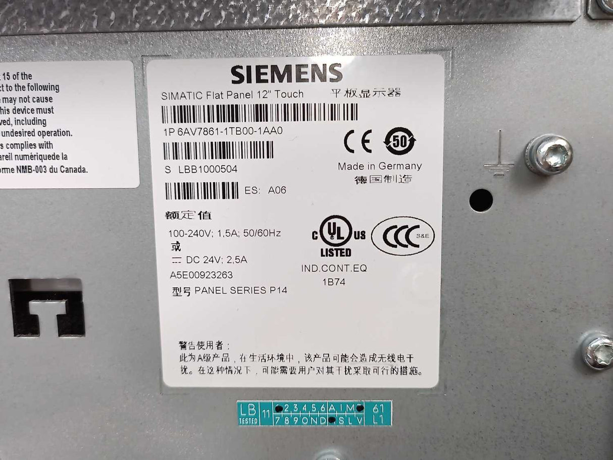 Siemens 6AV7861-1TB00-1AA0 Simatic Flat Panel 12" Touch Series P14