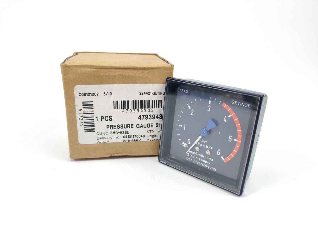 GETINGE 479394303 Pressure Gauge 214, 0-6 bar GETINGE Autoclave Spareparts