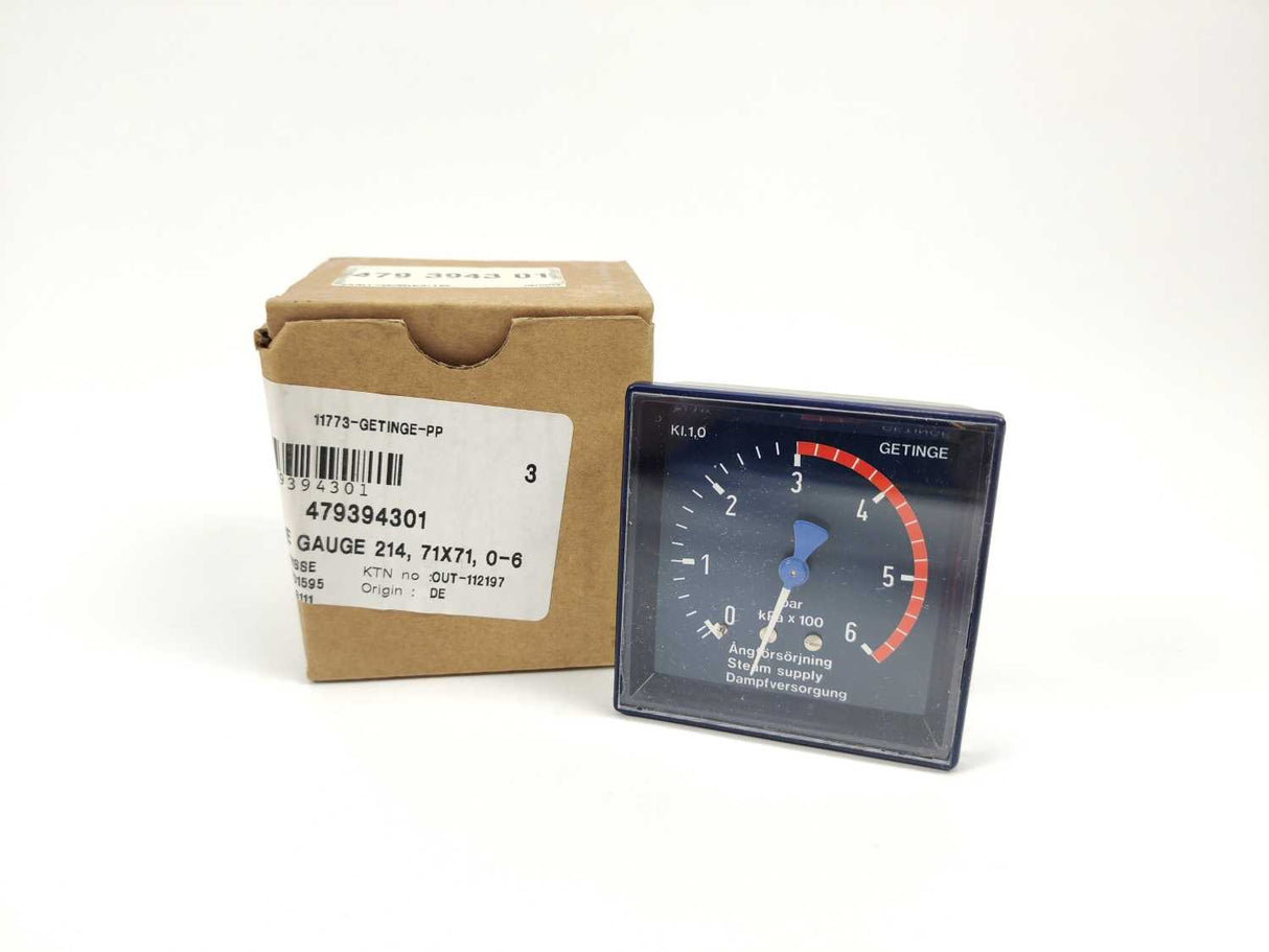 GETINGE 479394301 Pressure Gauge 214, 0 to 6 bar GETINGE Autoclave Spareparts