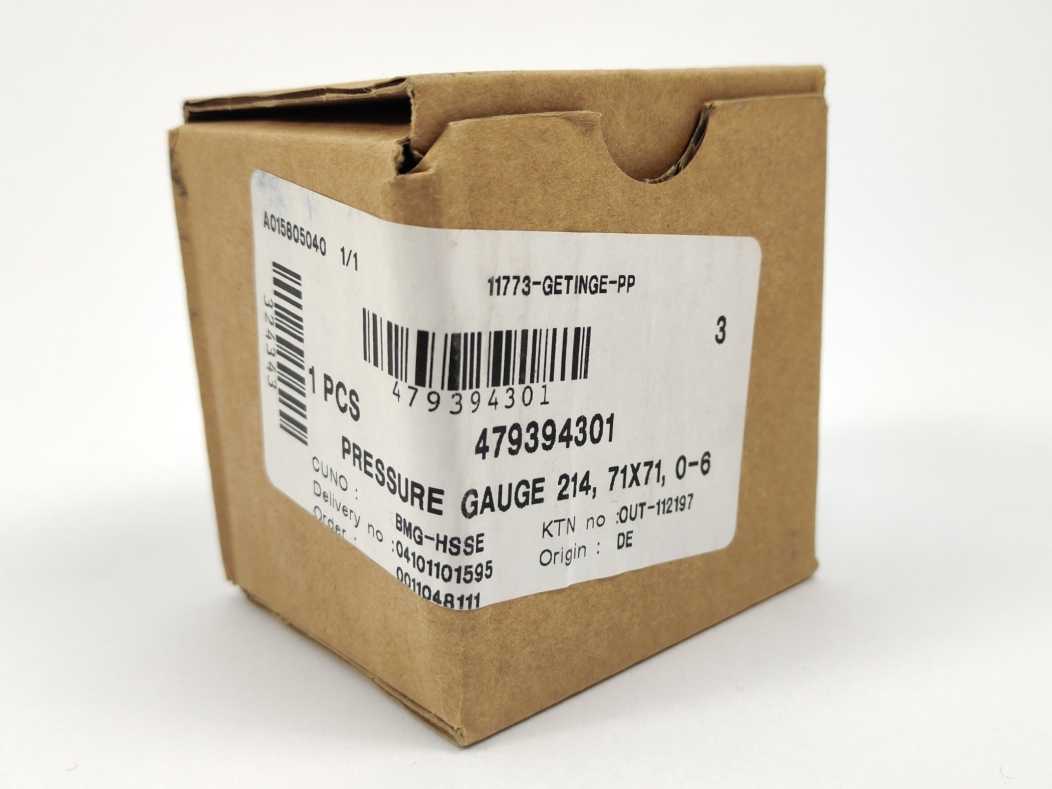 GETINGE 479394301 Pressure Gauge 214, 0 to 6 bar GETINGE Autoclave Spareparts