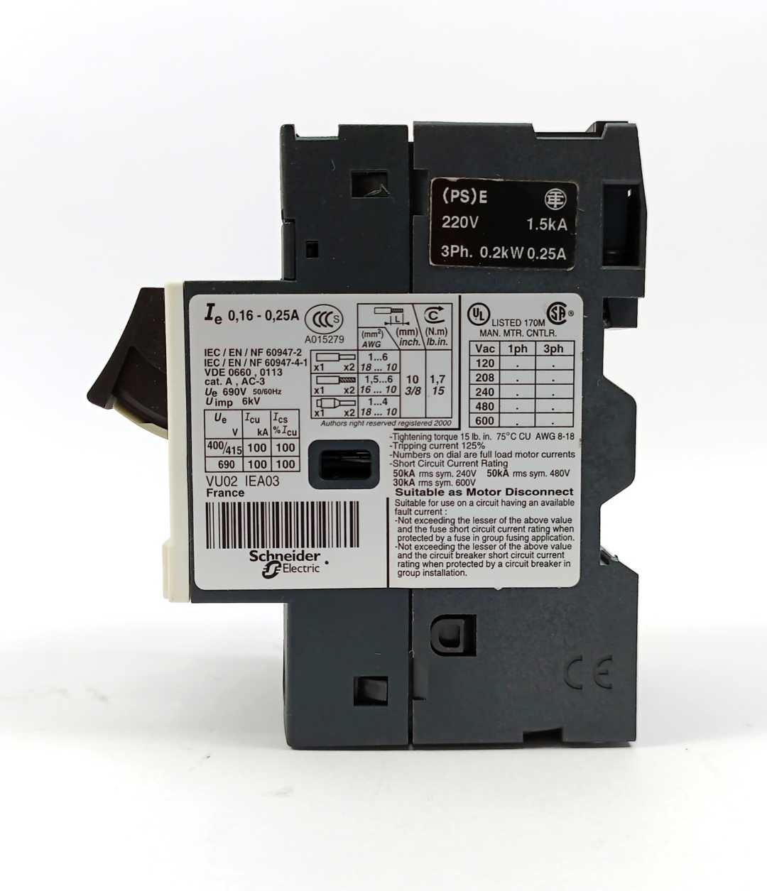 Schneider / Telemecanique GV2ME02 TeSys 034297 Motor Circuit Breaker 0.16-0.25A