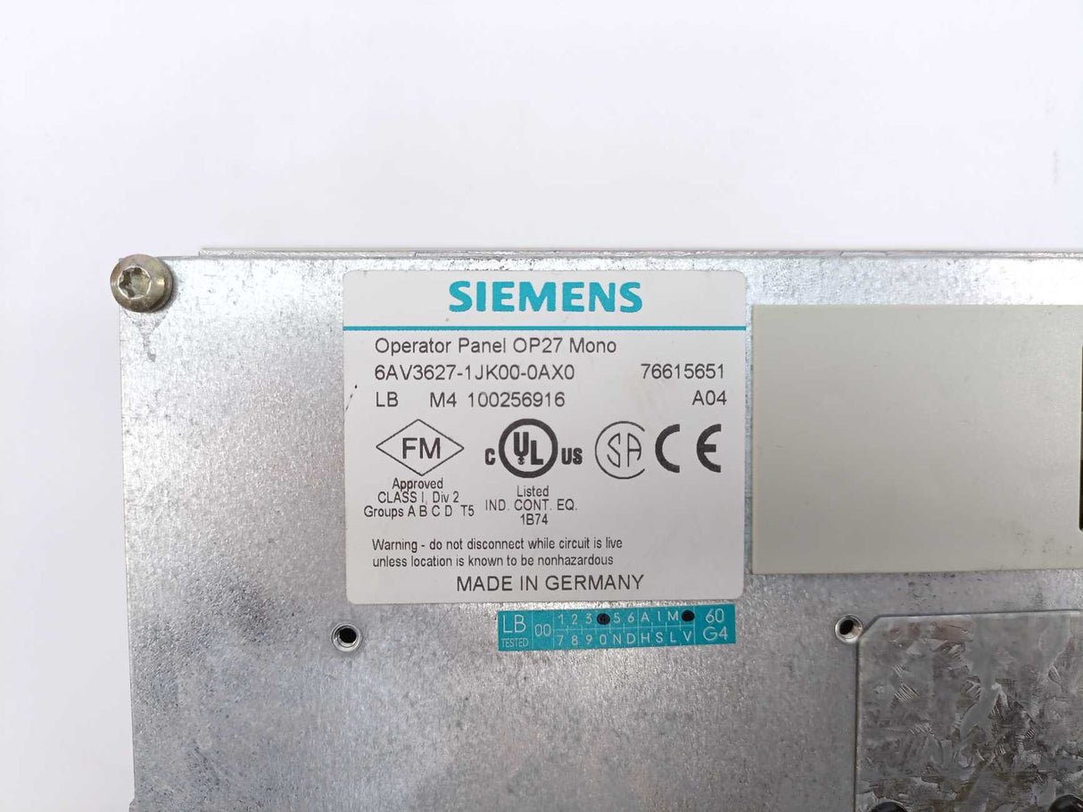 Siemens 6AV3627-1JK00-0AX0 Operator Panel OP27 Mono Ver. A04