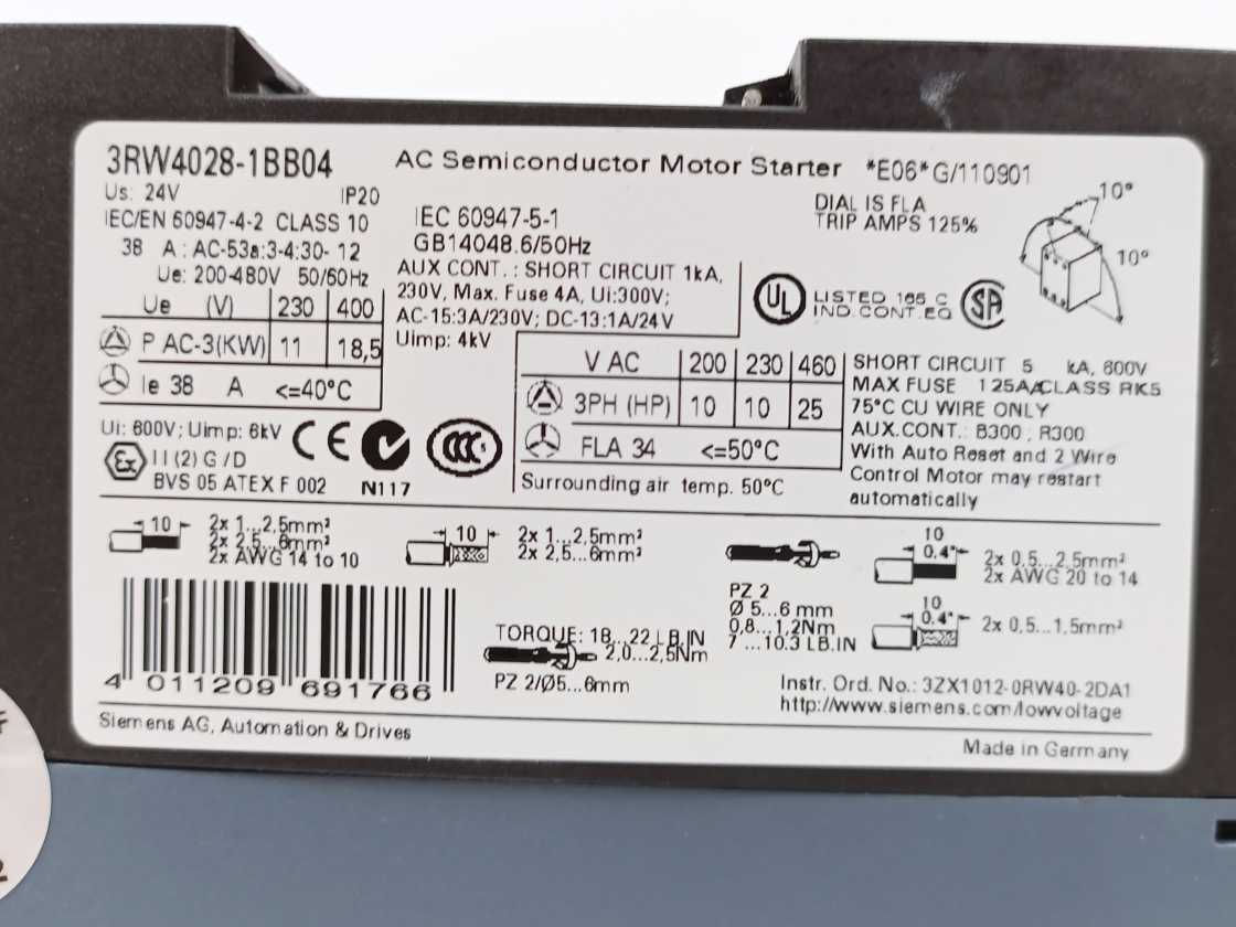 Siemens 3RW4028-1BB04 AC Semiconductor Motor Starter