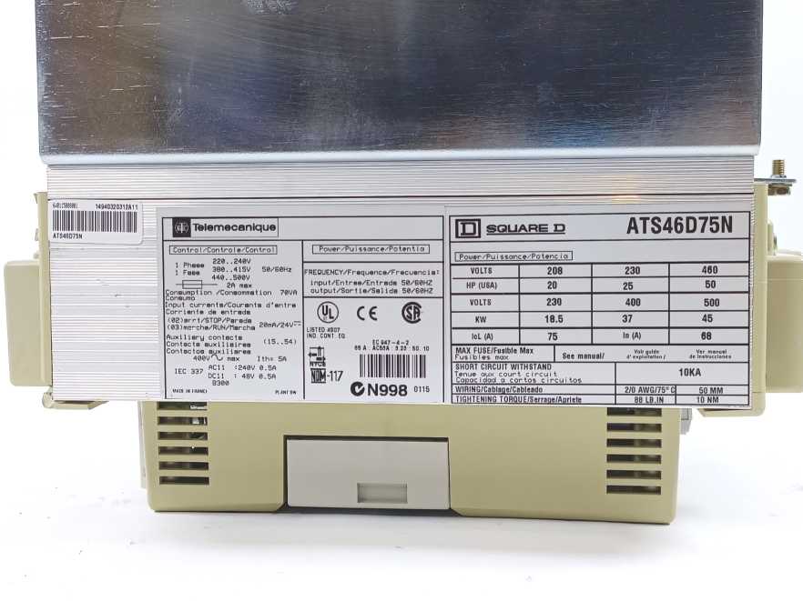 TELEMECANIQUE ATS46D75N Soft Starter – 75 A, 208–690 V AC, Altistart 46 Series