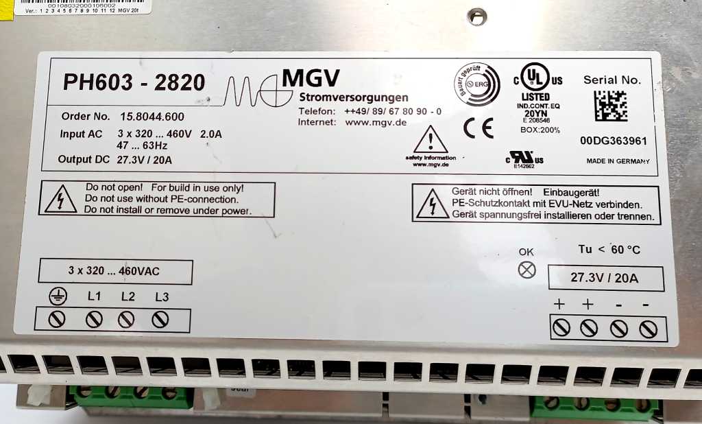 MGV 15.8044.600 Power Supply Unit PH603-2820 460V 2,0A