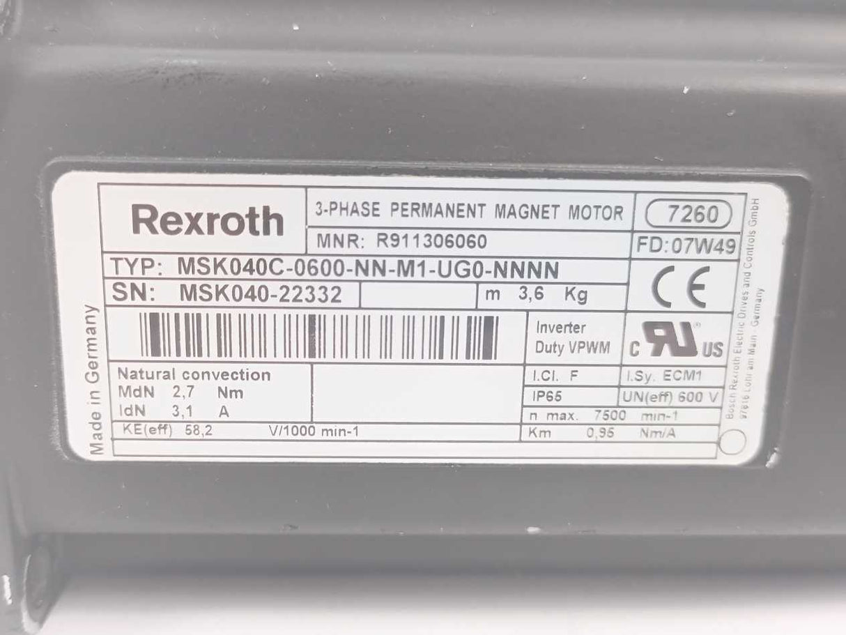 Rexroth R911306060 MSK040C-0600-NN-M1-UG0-NNNN 3-Phase Permanent Magnet Motor